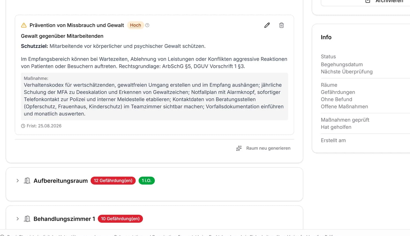 Ausschnitt einer Gefährdungsbeurteilung: die Gefährdung „Prävention von Missbrauch und Gewalt“ mit Schutzziel, Rechtsgrundlage, Maßnahme und Frist.