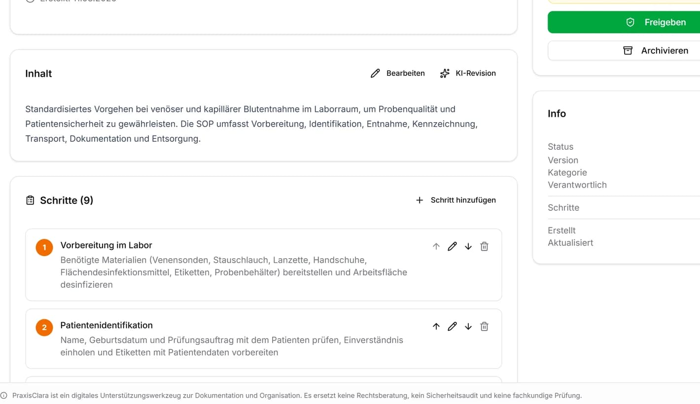 Ausschnitt der Prozessbeschreibung „Blutentnahme“: die Schrittliste mit neun Schritten, die ersten beiden ausgeschrieben.